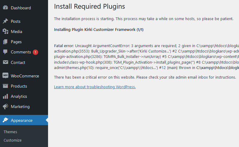 Fatal error: Uncaught ArgumentCountError: TGM Plugin Installation